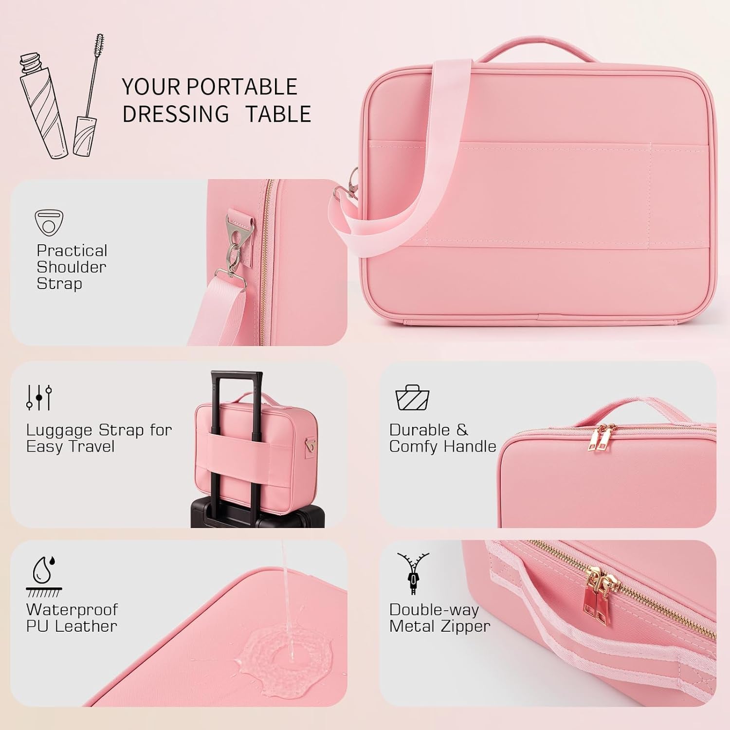 Pink Travel Makeup bag with LED Mirror and 3 Color Light Adjustable Brightness