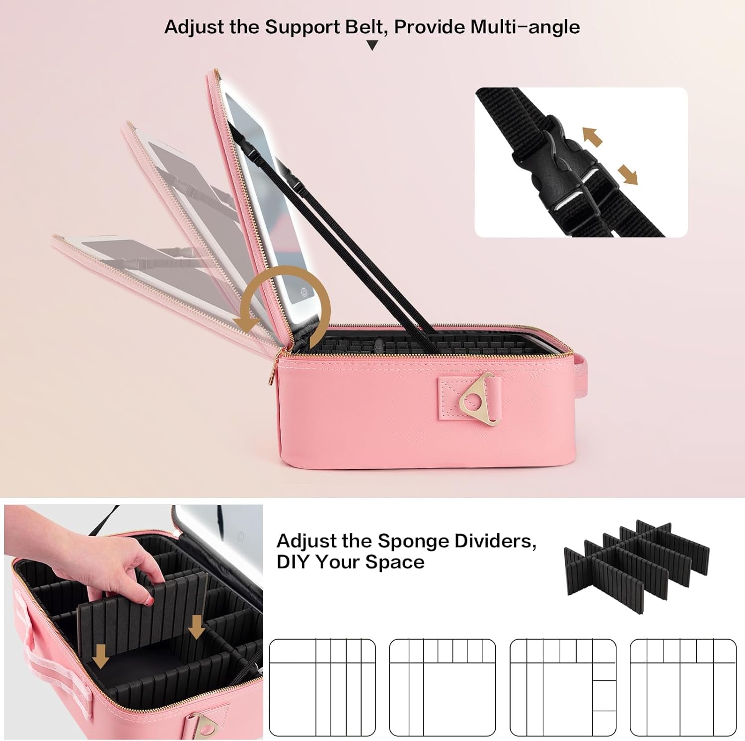 Pink Travel Makeup bag with LED Mirror and 3 Color Light Adjustable Brightness