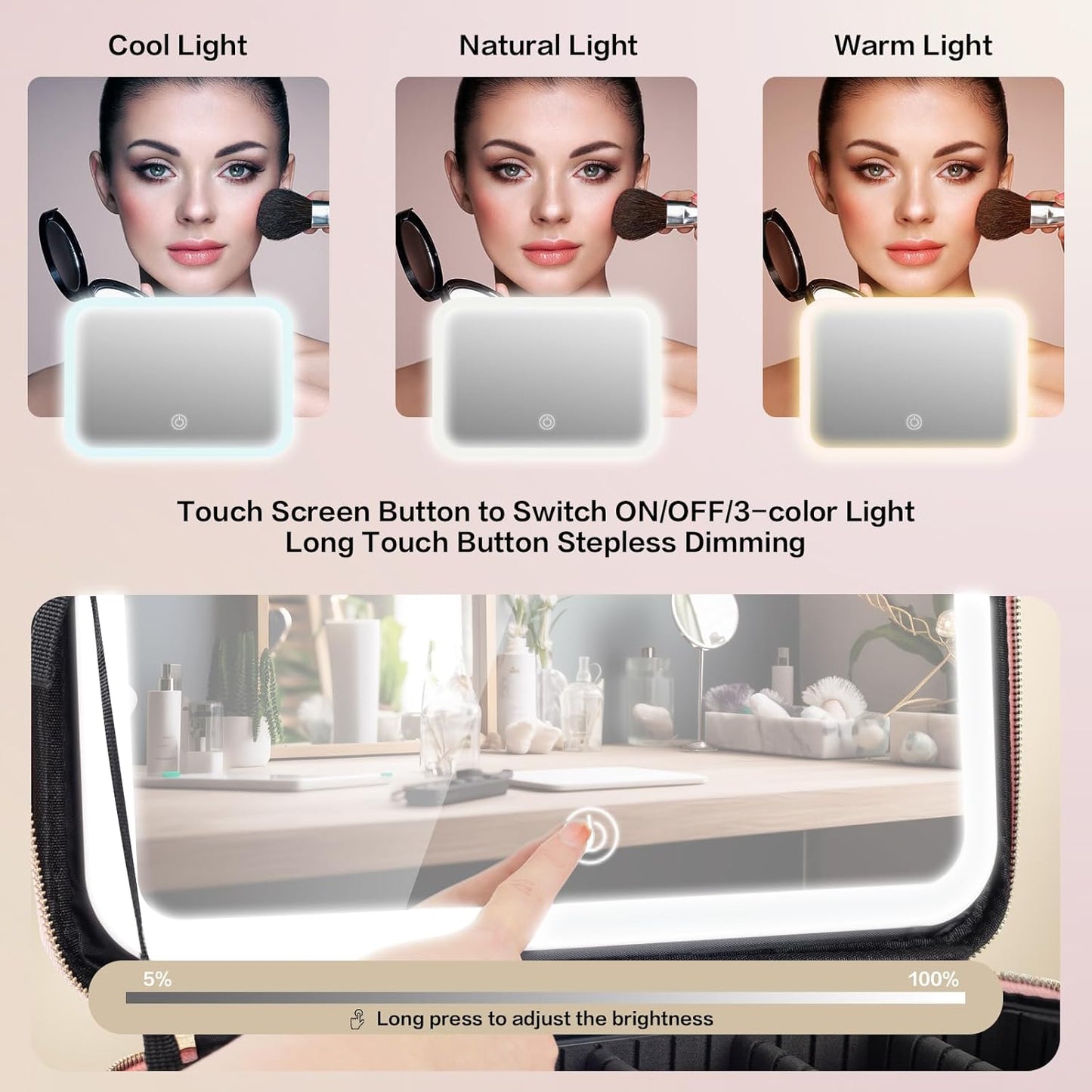 Pink Travel Makeup bag with LED Mirror and 3 Color Light Adjustable Brightness