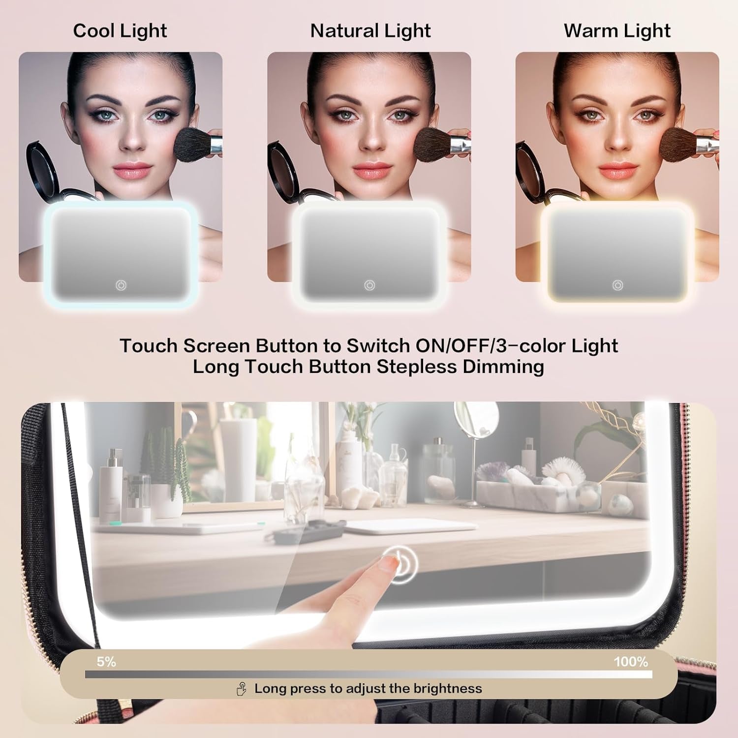 Pink Travel Makeup bag with LED Mirror and 3 Color Light Adjustable Brightness