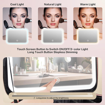 Pink Travel Makeup bag with LED Mirror and 3 Color Light Adjustable Brightness
