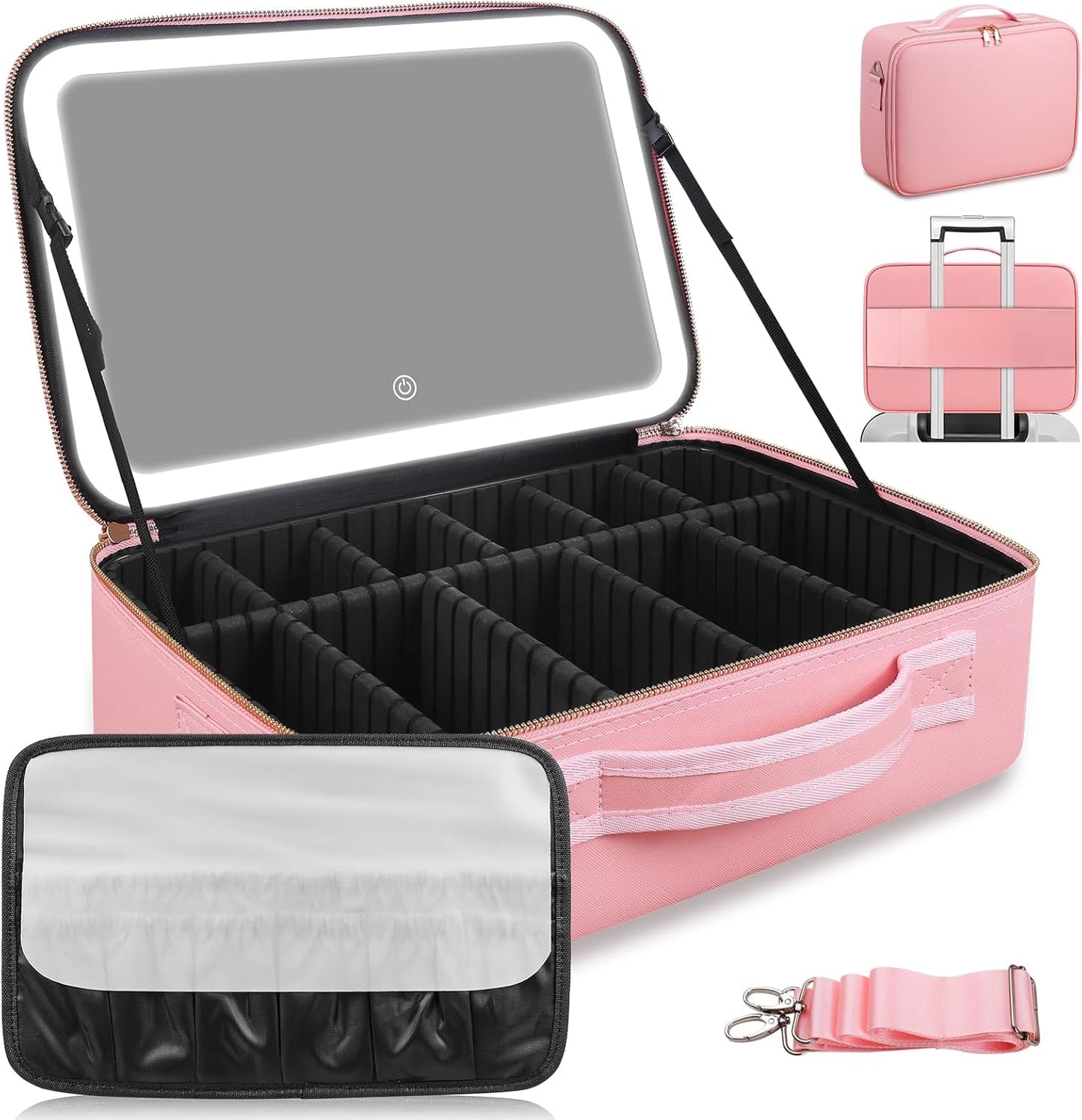 Pink Travel Makeup bag with LED Mirror and 3 Color Light Adjustable Brightness