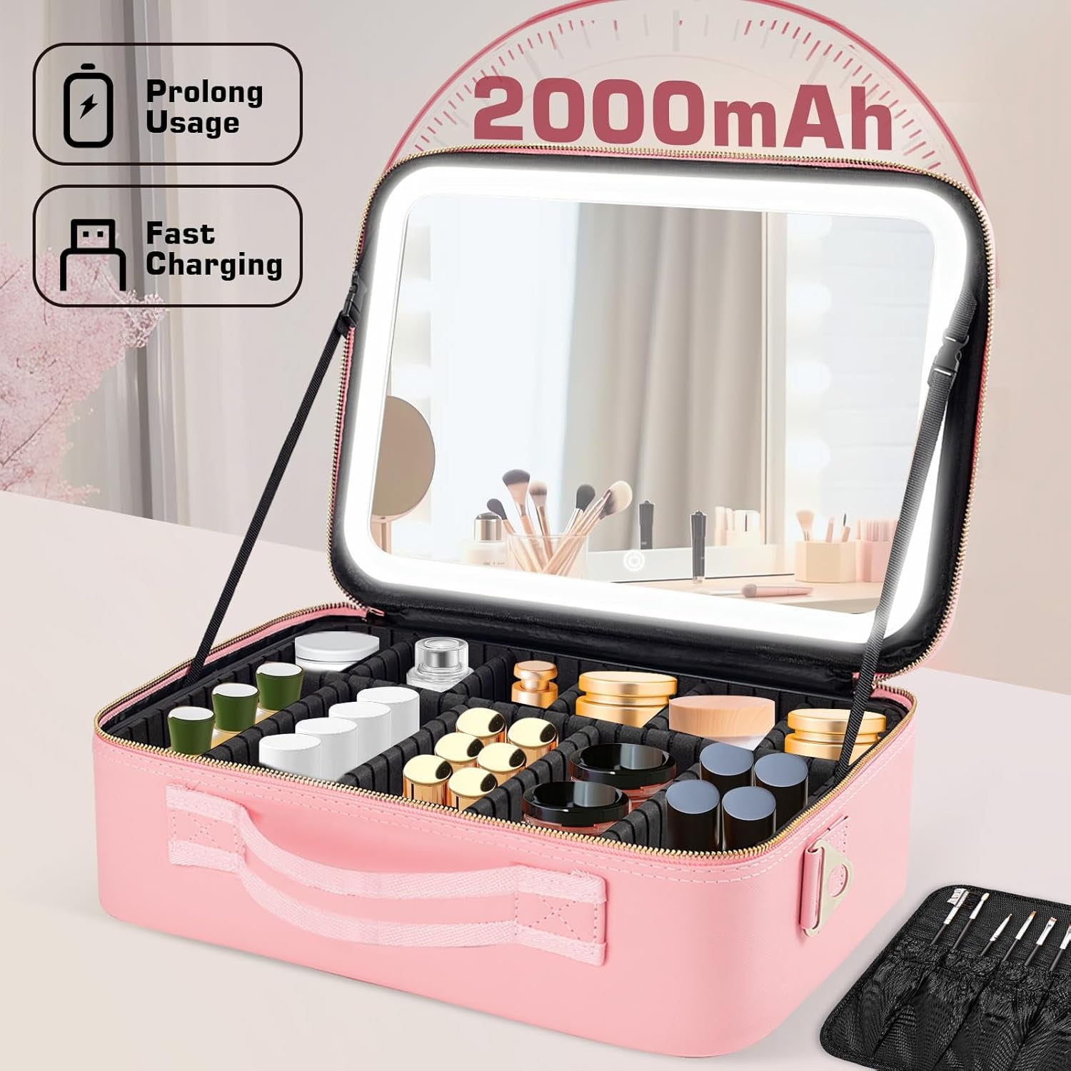 Pink Travel Makeup bag with LED Mirror and 3 Color Light Adjustable Brightness