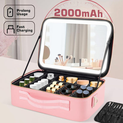 Pink Travel Makeup bag with LED Mirror and 3 Color Light Adjustable Brightness